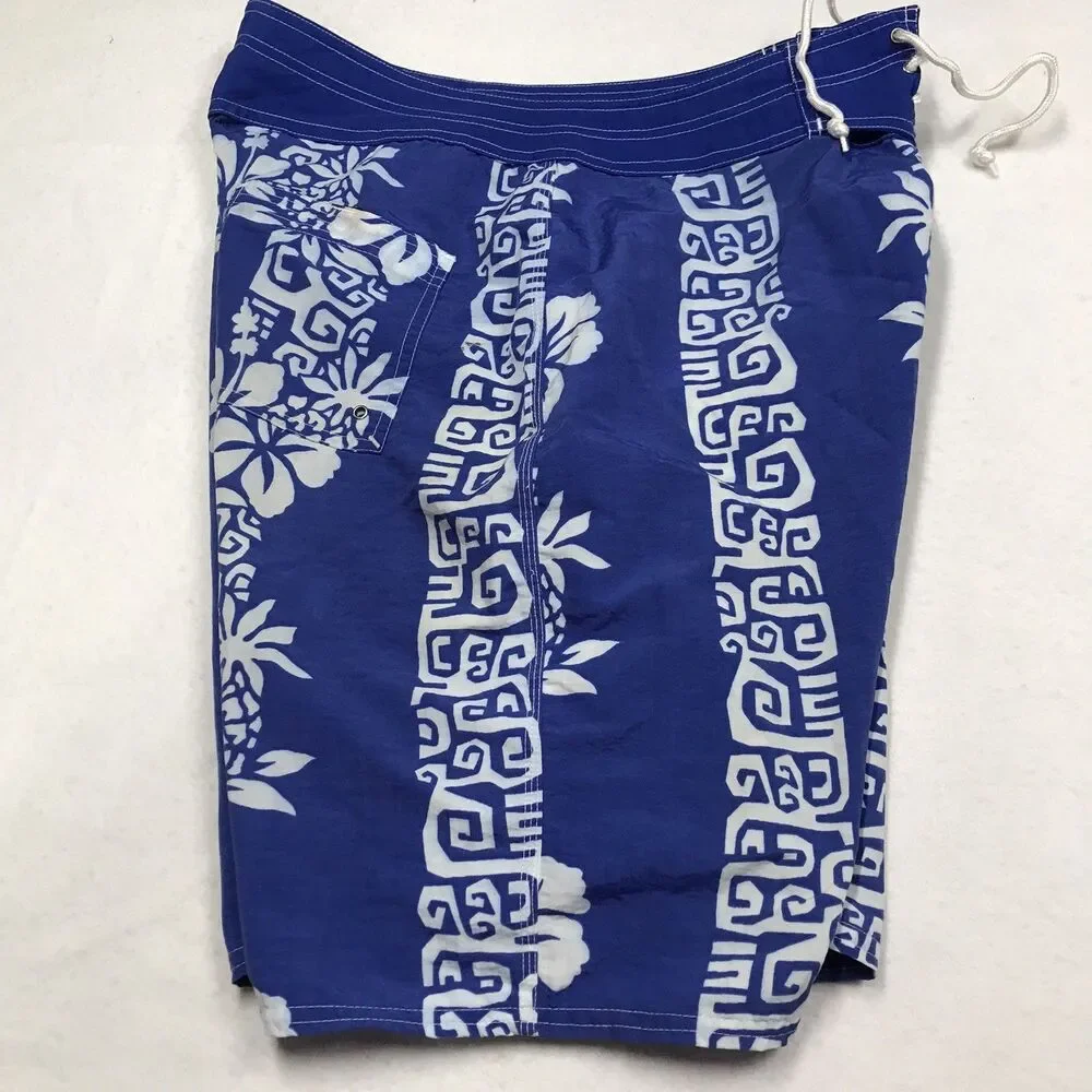 Vintage OP OCEAN PACIFIC Swim Board Trunks Men 34 Blue Hawaiian Print Nylon